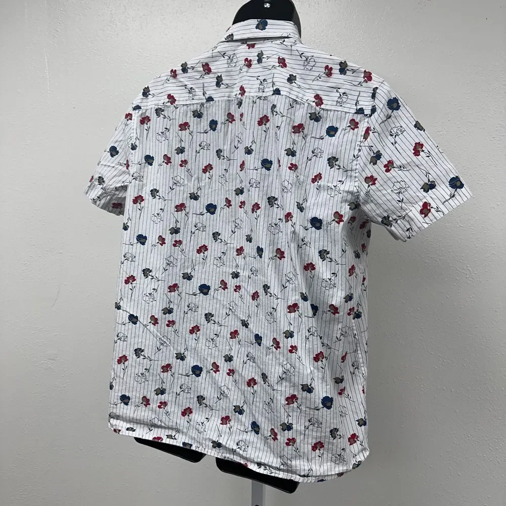 Perry Ellis 100% Cotton‎ White with Floral Pattern Shirt Sleeve Shirt Size Large